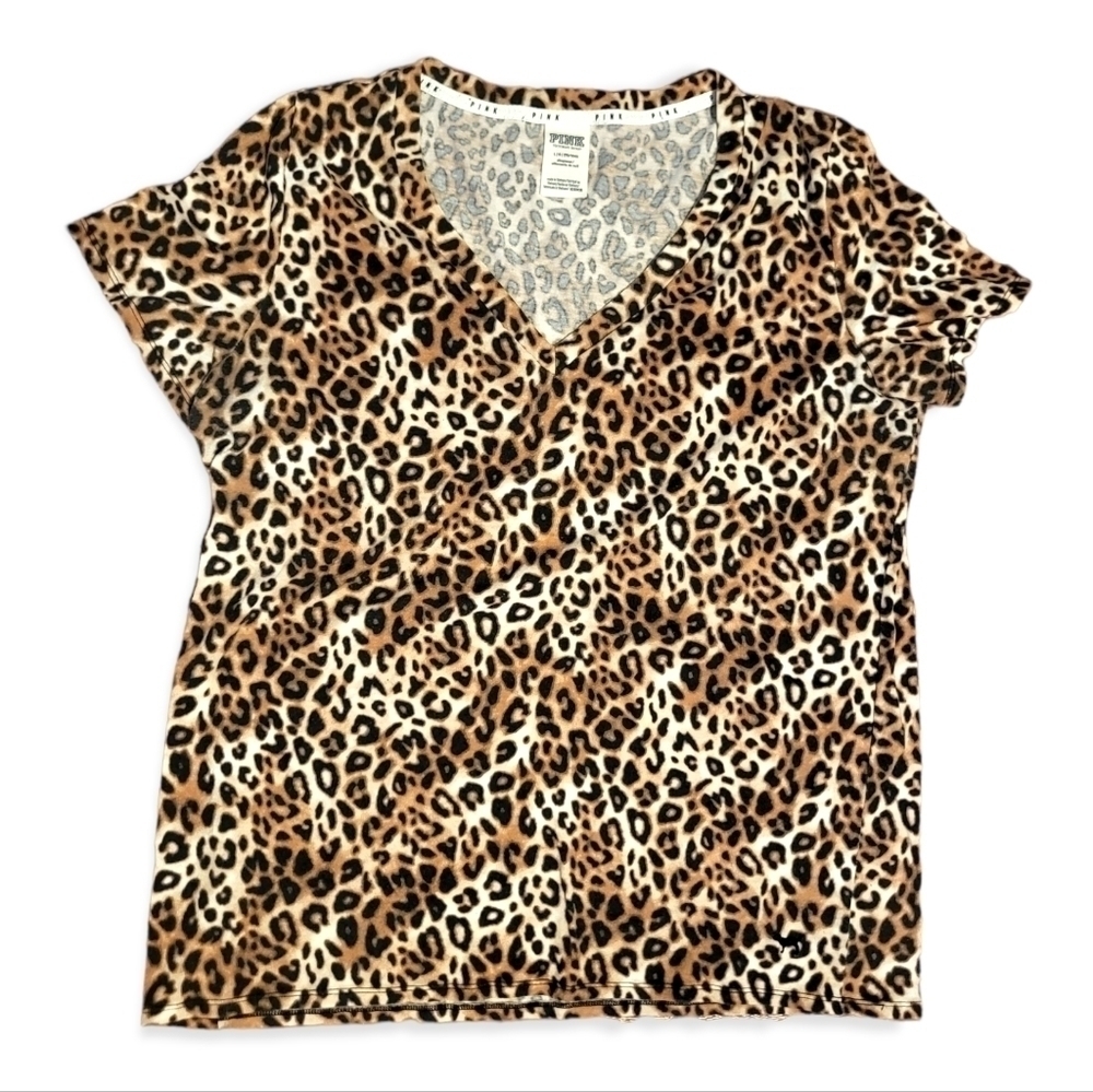 Victoria's Secret PINK Leopard Print Tee Shirt Short Sleeve V Neck Tshirt - Picture 3 of 5